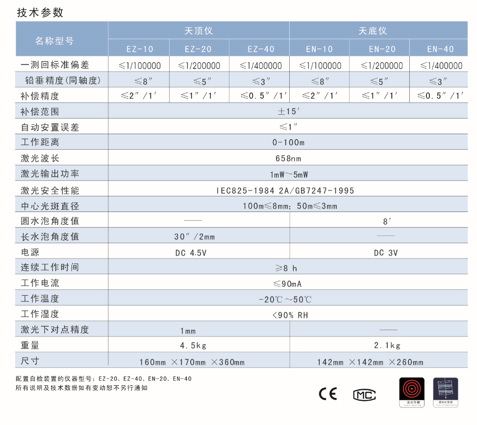 EZ-10、EZ-20、EZ-40激光自動安平天頂儀/上垂準(zhǔn)儀技術(shù)參數(shù)